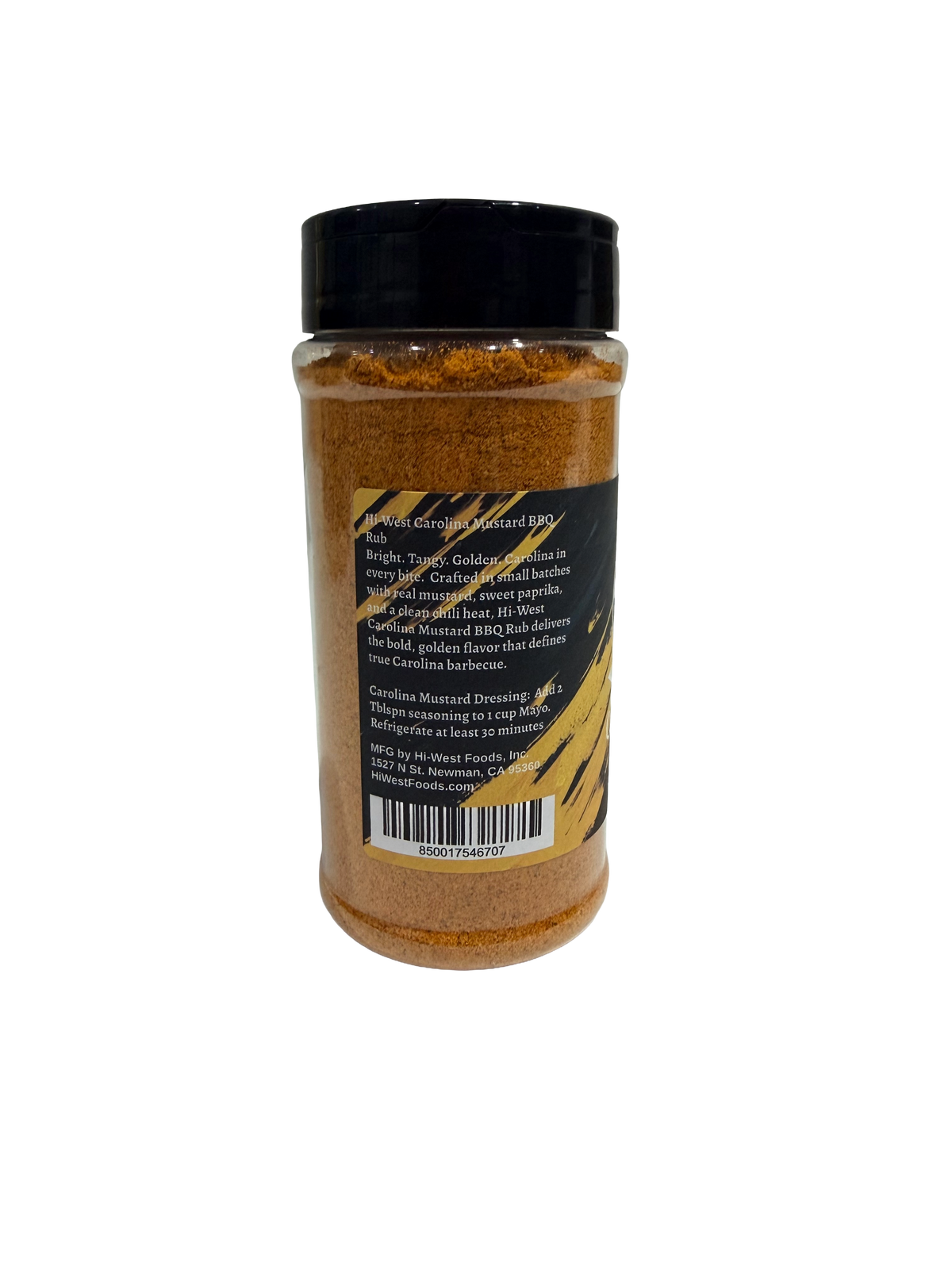 Hi-West Carolina Mustard BBQ seasoning jar, a savory spice blend for barbecue, from Hi-West Foods, Inc.