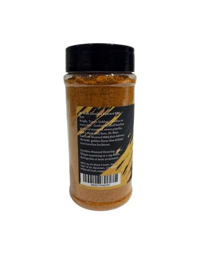 Hi-West Carolina Mustard BBQ seasoning jar, a savory spice blend for barbecue, from Hi-West Foods, Inc.