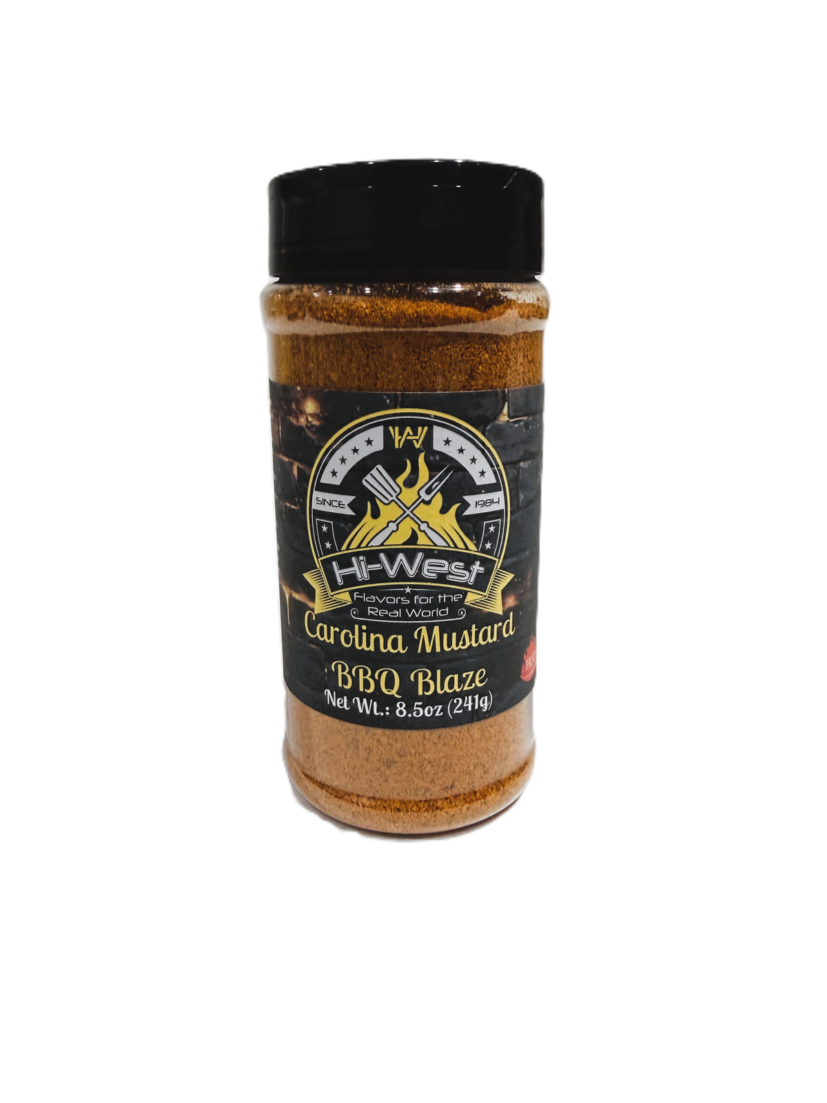 Close-up of Hi-West Carolina Mustard BBQ Blaze seasoning jar with label, highlighting its vibrant yellow color and branding.