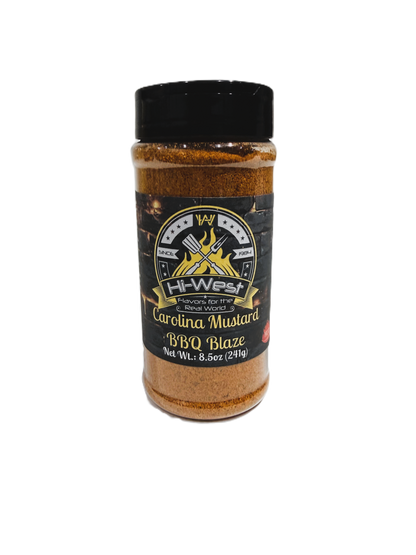 Close-up of Hi-West Carolina Mustard BBQ Blaze seasoning jar with label, highlighting its vibrant yellow color and branding.