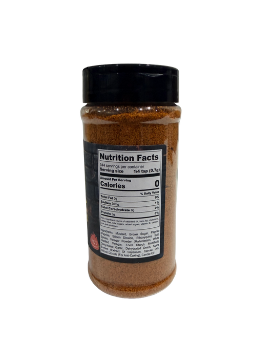 Hi-West Carolina Mustard BBQ Blaze seasoning jar, spicy mustard barbecue rub with vibrant label and seasoning granules visible.