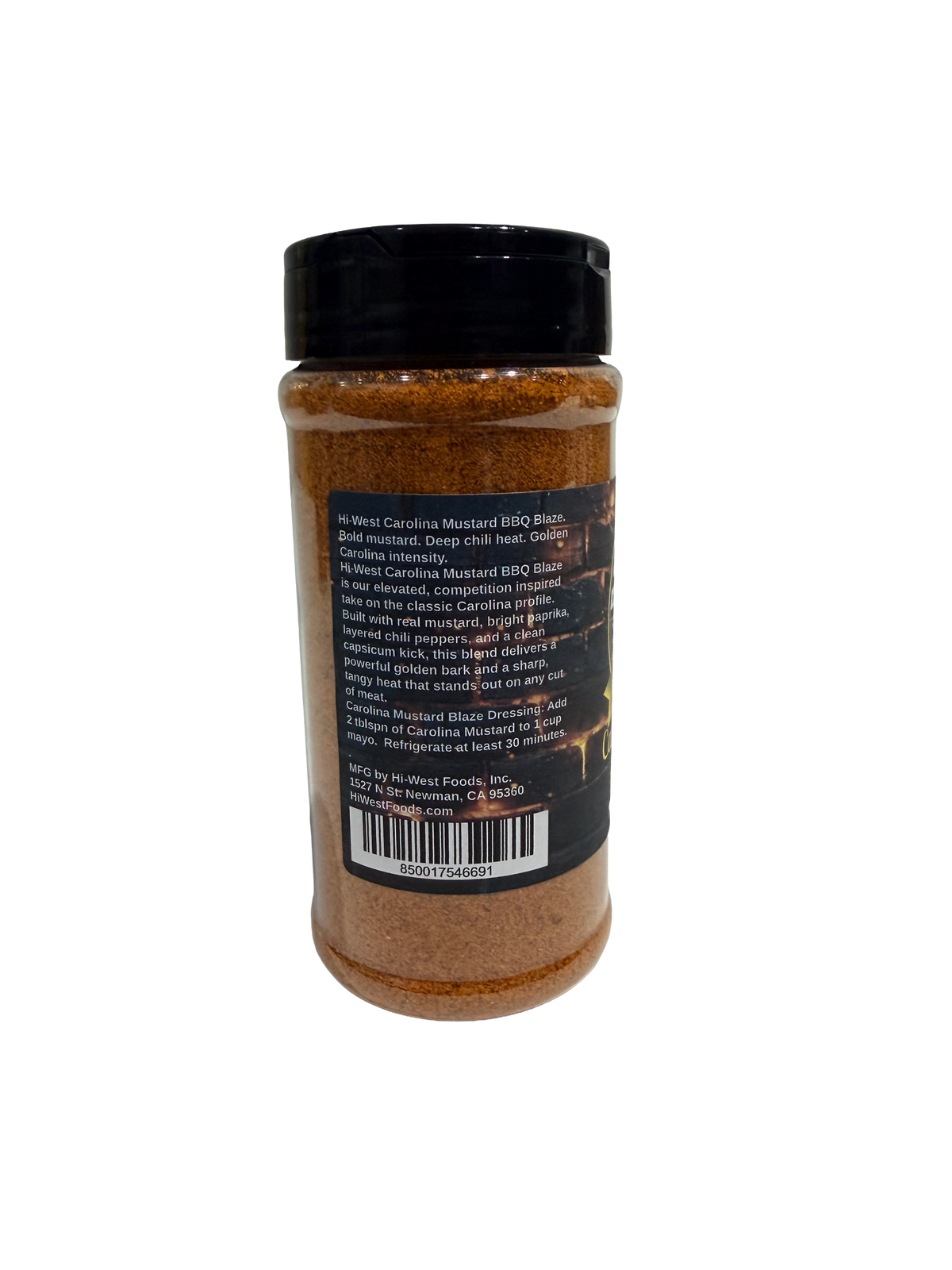 Hi-West Carolina Mustard BBQ Blaze seasoning in a jar, with vibrant yellow mustard-based spice blend for grilling and barbecue flavor.