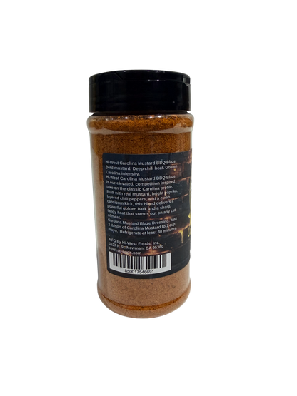 Hi-West Carolina Mustard BBQ Blaze seasoning in a jar, with vibrant yellow mustard-based spice blend for grilling and barbecue flavor.
