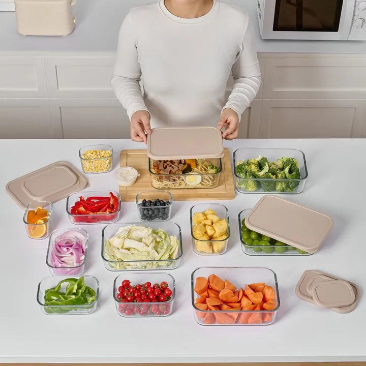 Dura Living 12-piece glass food storage set with airtight lids, includes various sizes for storing cashew cream and other foods.