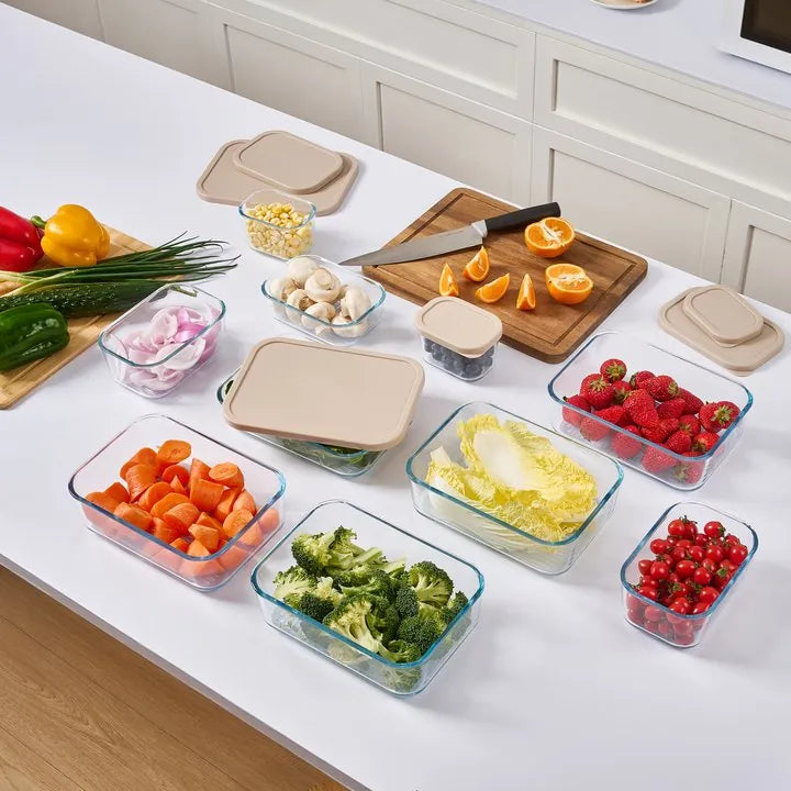Dura Living glass food storage set with 12 airtight containers in mixed sizes, filled with cashew cream, with clear lids.