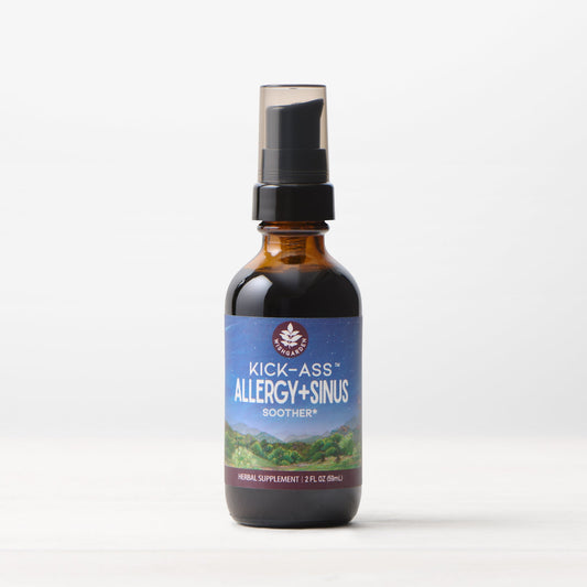 Adult Kick-Ass Allergy & Sinus Soother by WishGarden Herbs, featuring herbal blend in a bottle on a neutral background.