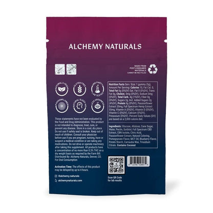 Hemp-derived CBD gummies for sleep featuring full spectrum CBD and CBN by Alchemy Naturals. Chewy, fruit-flavored edibles.