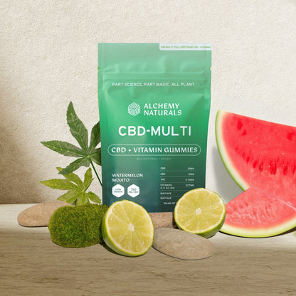 20-pack of Alchemy Naturals hemp-derived CBD multi vitamin gummies, colorful edible supplements in a clear container.