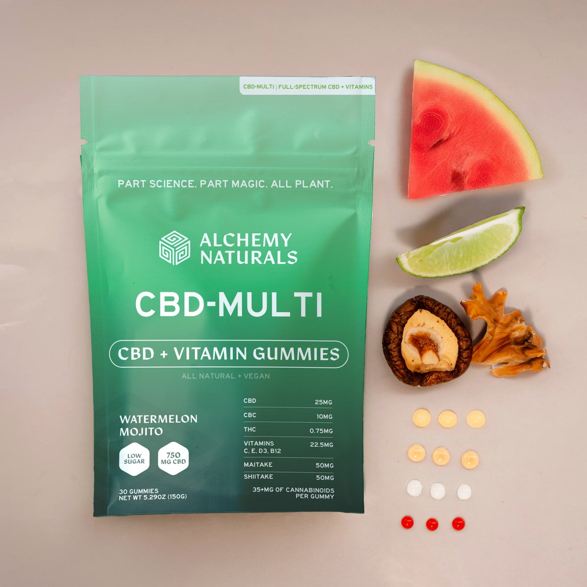 20-pack of Alchemy Naturals hemp-derived CBD multi-vitamin gummies in colorful, fruit-flavored edible supplement bottles.