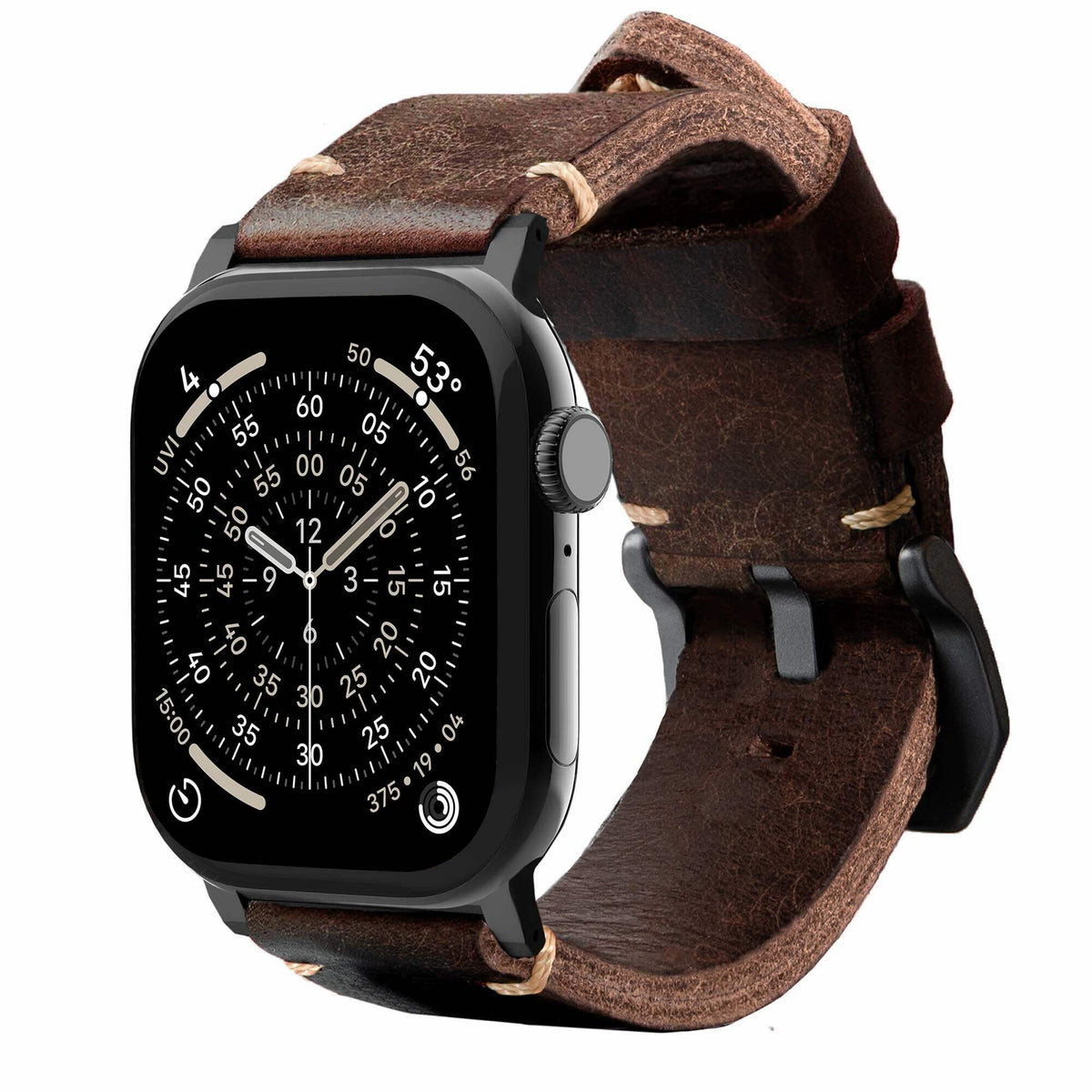Robust Leather Strap R01 in brown and black, 46mm width, showing close-up of textured leather and metal buckle detail.