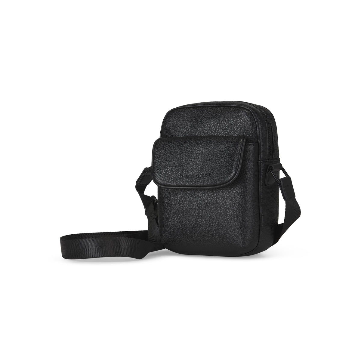 Black Bugatti Collections Central Crossbody bag with adjustable strap and sleek design, shown from a side angle.