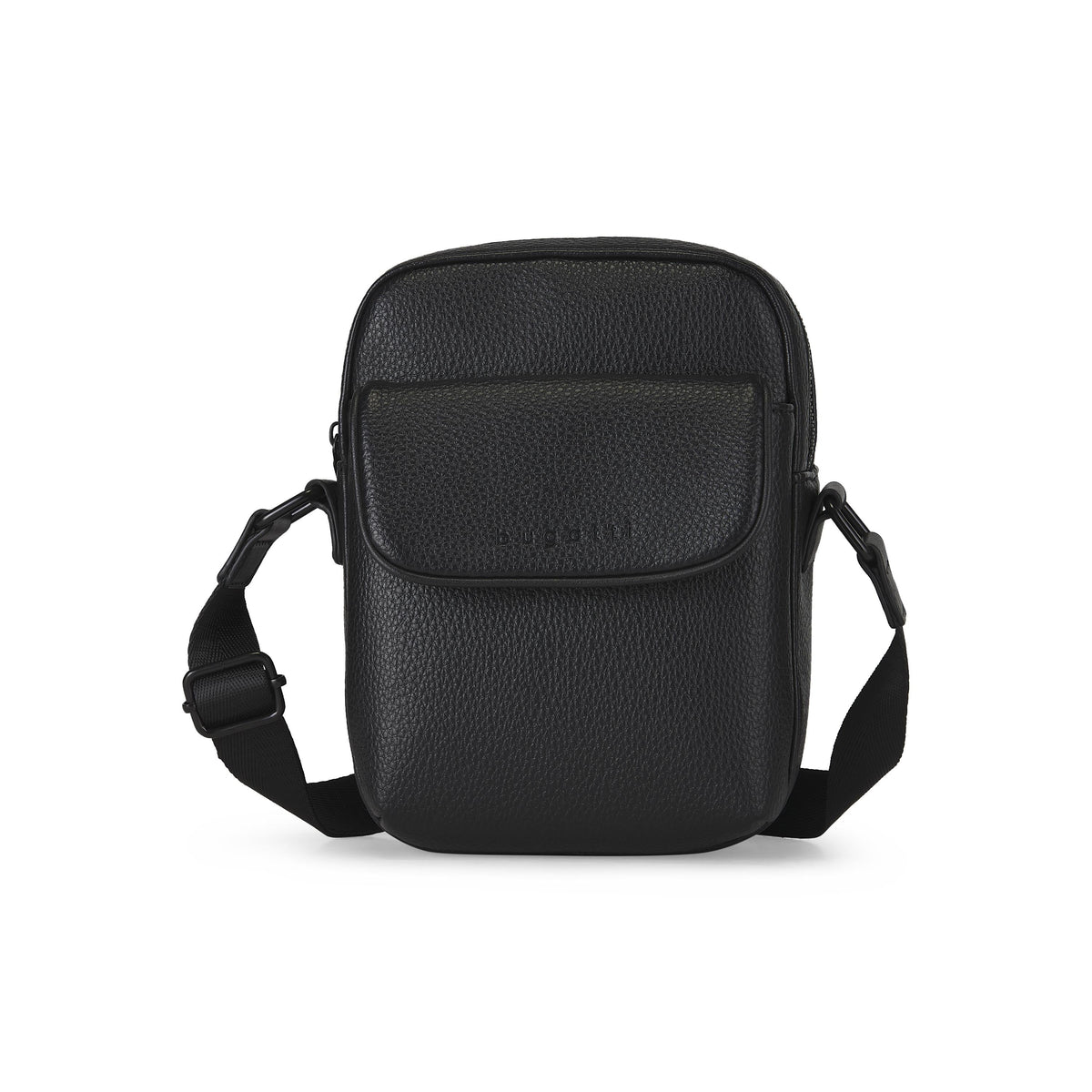 Black Bugatti Collections Central Crossbody bag with front view, featuring sleek design and adjustable strap for casual style.