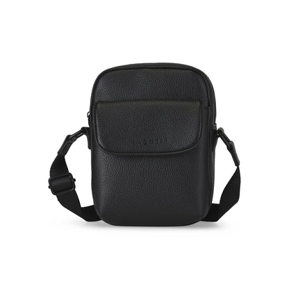 Black Bugatti Collections Central Crossbody bag with front view, featuring sleek design and adjustable strap for casual style.