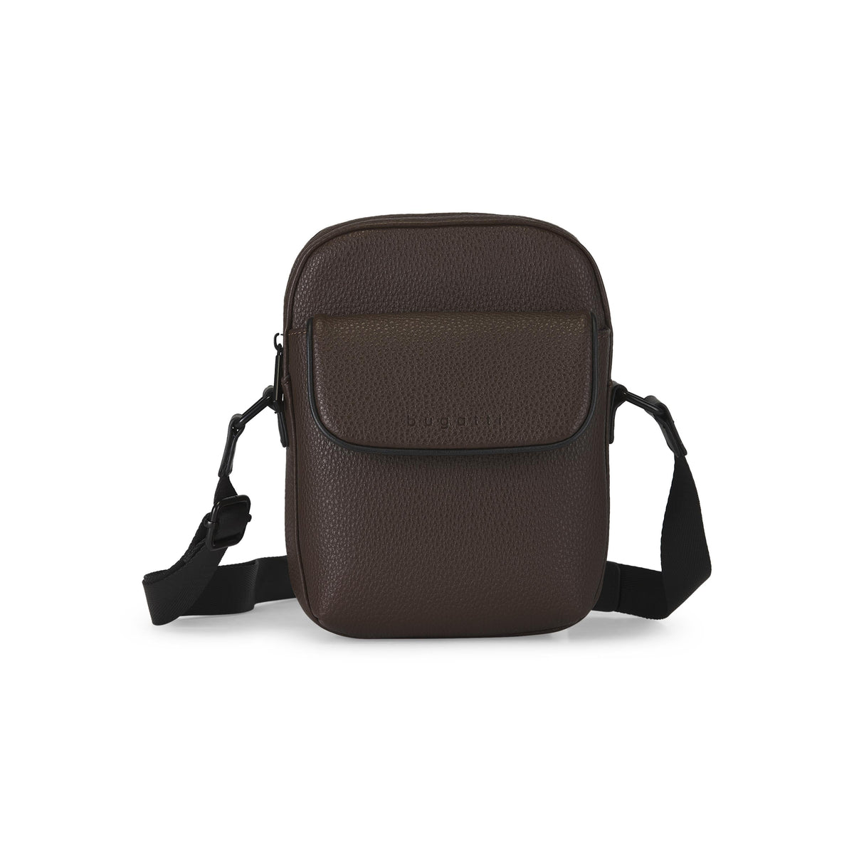 Brown Bugatti Collections Central Crossbody bag with front view, showing adjustable strap and sleek design.