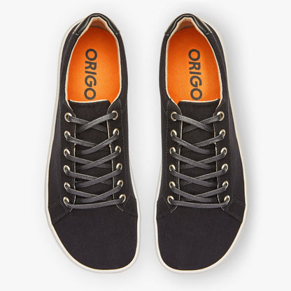 Black men's Origo Shoes Everyday Sneaker Gen 3 made of cotton canvas, featuring a sleek barefoot shoe design.