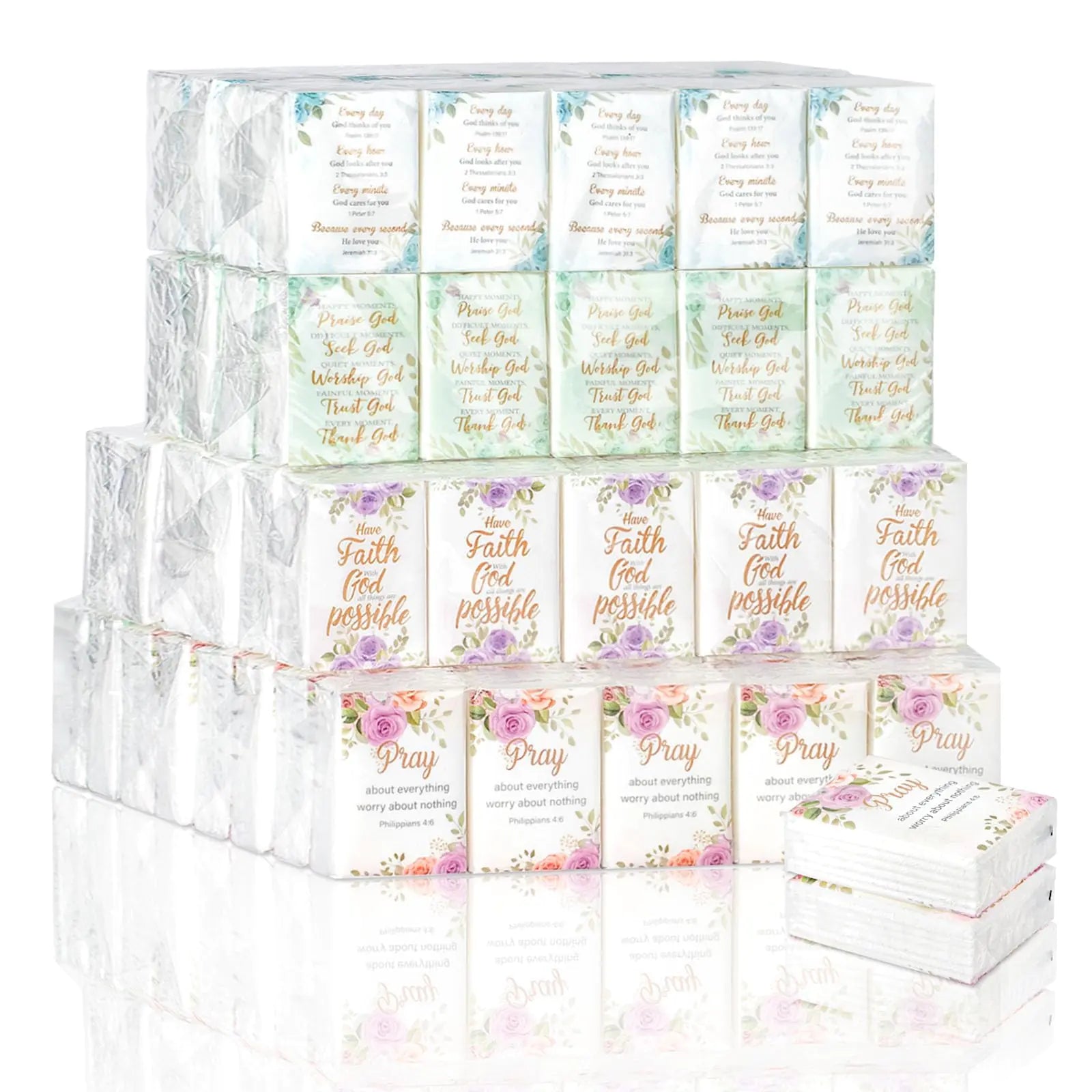 YHNTGB 120 Pack Bible Theme Facial Tissues Individual Pack Bulk Christian Pocket Size Travel Kleenex with Floral Pattern for Holiday Graduation Ceremony Wedding Church Supplies 3 Ply