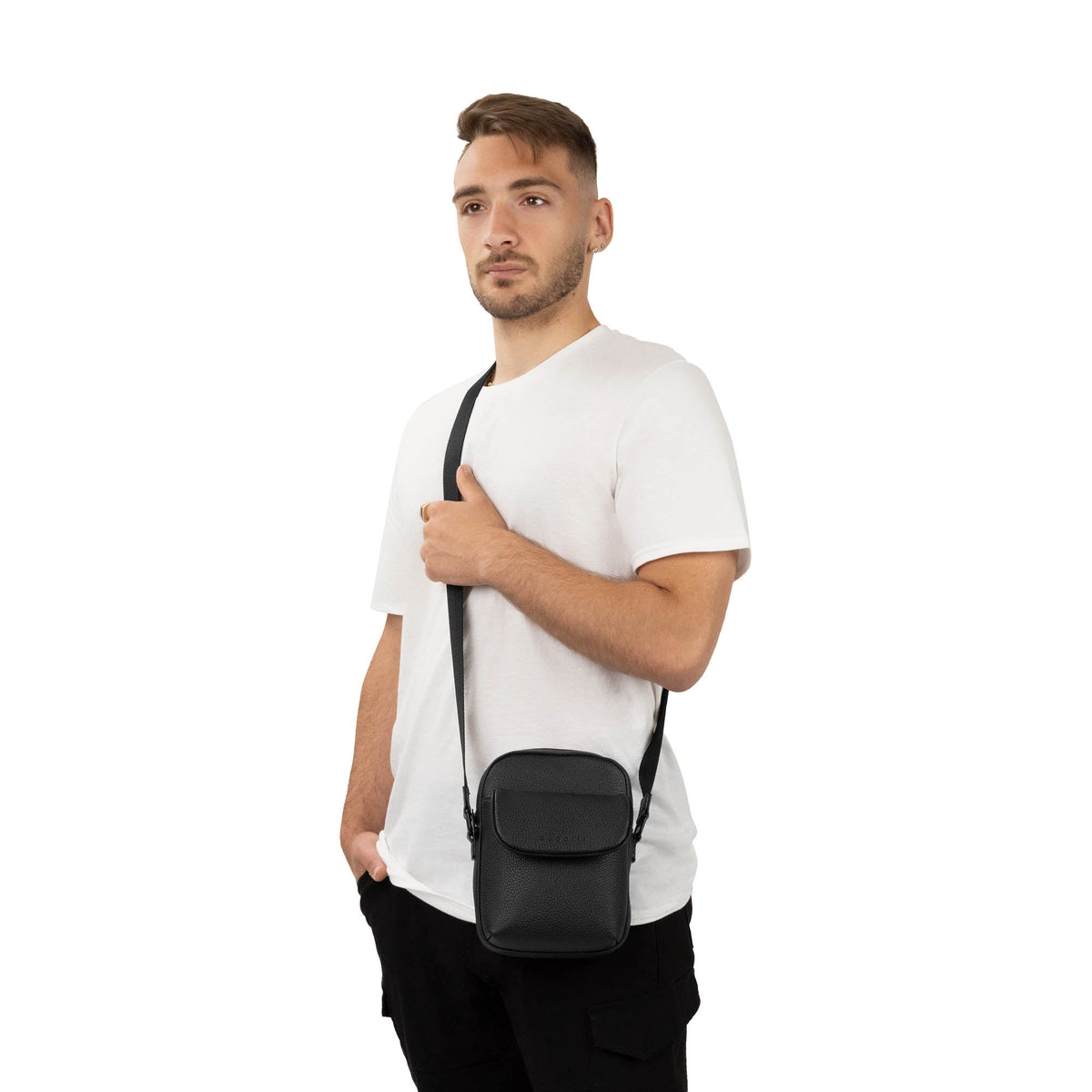 Black Bugatti Collections Central Crossbody bag with adjustable strap and sleek design, ideal for everyday use.