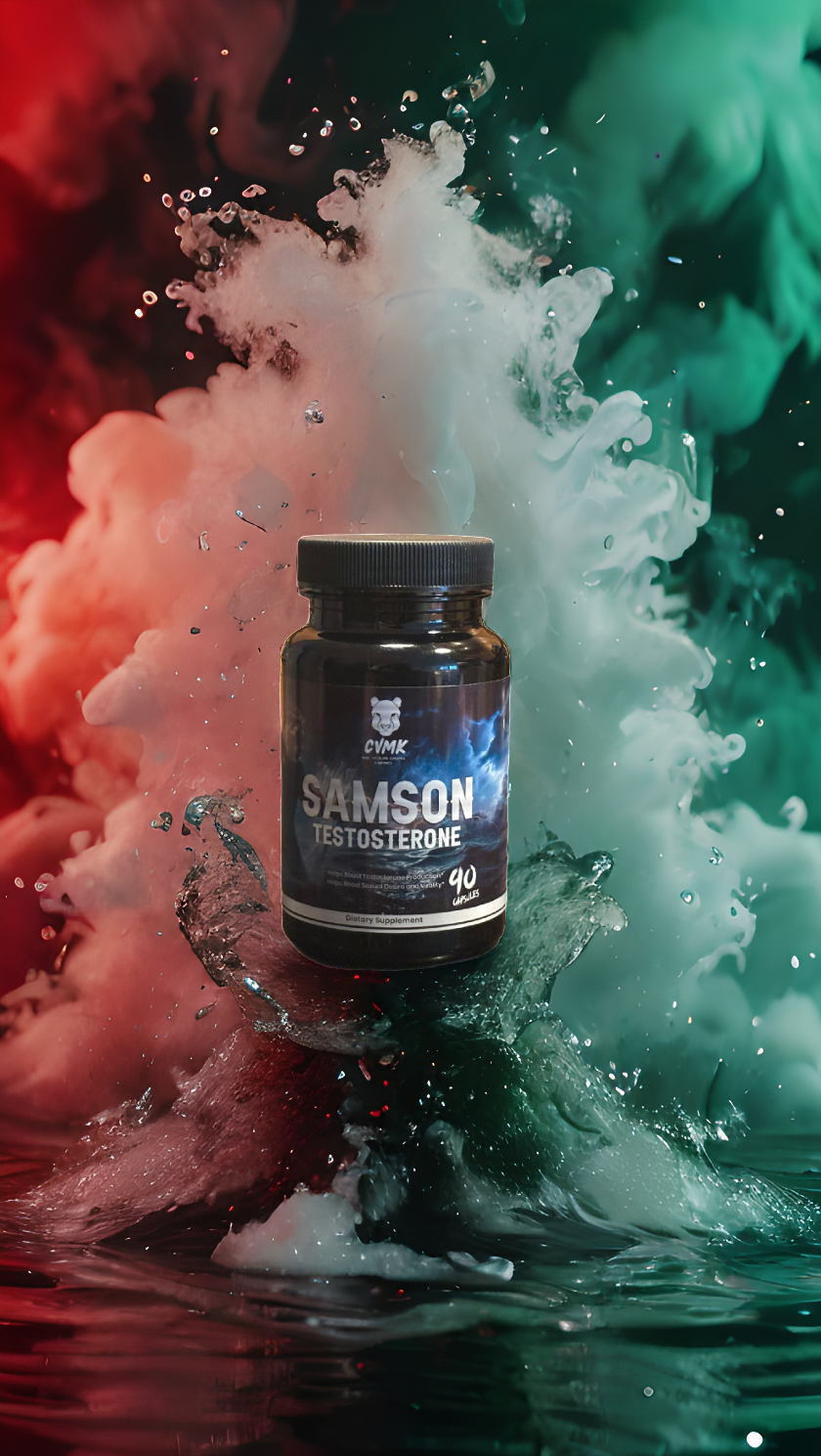 CVMK GLOBAL Samson vitamins bottle with label featuring blue and white packaging, vitamin supplement for health support.