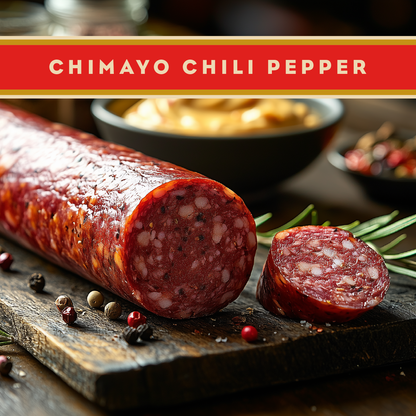 Artas'n Meats Chimayo Chili Pepper summer sausage 12oz, sliced view showing spicy chili pepper flavor and natural sausage texture.