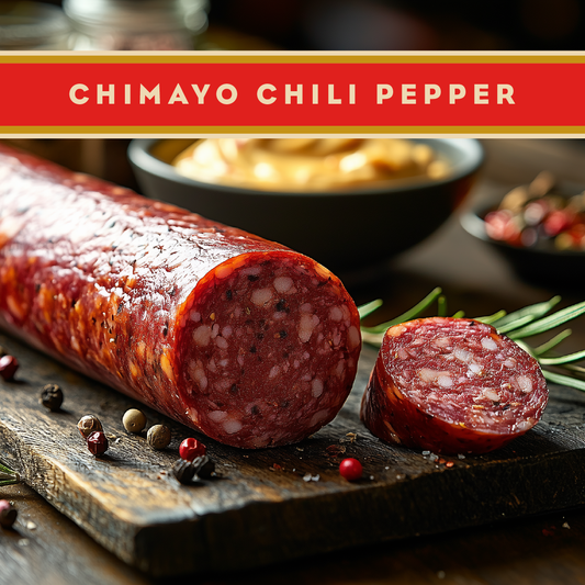 Artas'n Meats Chimayo Chili Pepper summer sausage 12oz, sliced view showing spicy chili pepper flavor and natural sausage texture.
