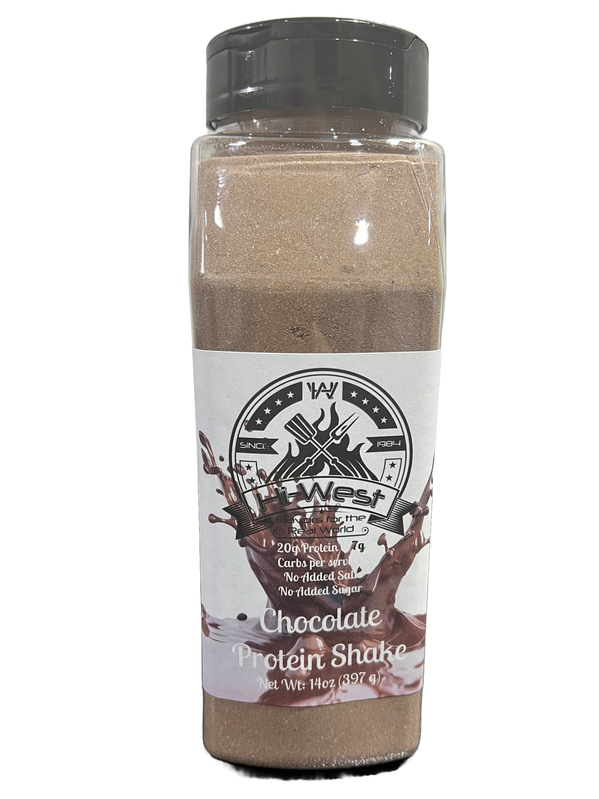 Creamy Hi-West Chocolate Protein Shake in a glass with a straw, showcasing the rich chocolate flavor and smooth texture.