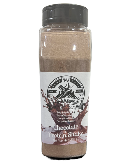 Creamy Hi-West Chocolate Protein Shake in a glass with a straw, showcasing the rich chocolate flavor and smooth texture.