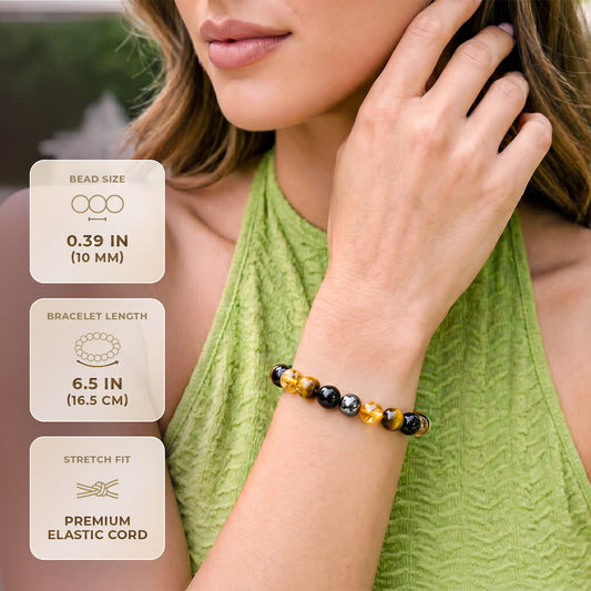 Conscious Items quadruple protection bracelet featuring layered design with black and silver beads, showcasing its protective jewelry style.