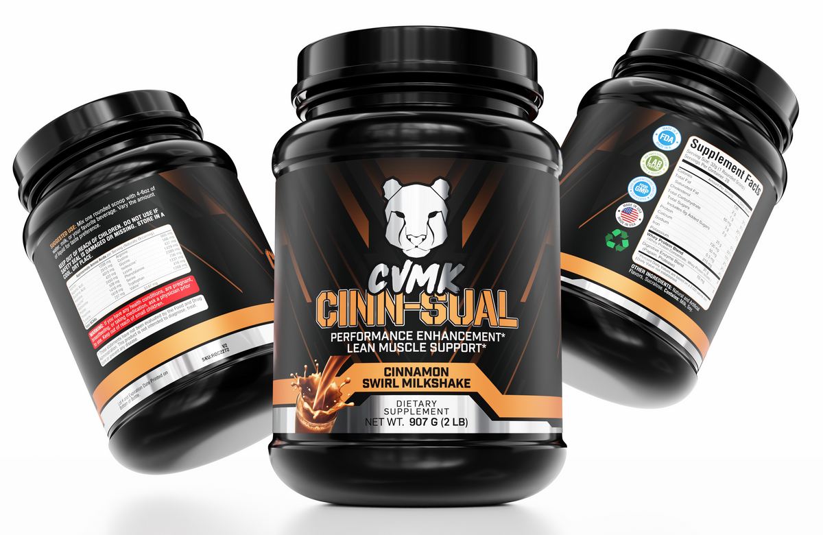 CINN-SUAL protein powder container from CVMK GLOBAL, showing the product label and packaging on a white background.