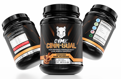 CINN-SUAL protein powder container from CVMK GLOBAL, showing the product label and packaging on a white background.