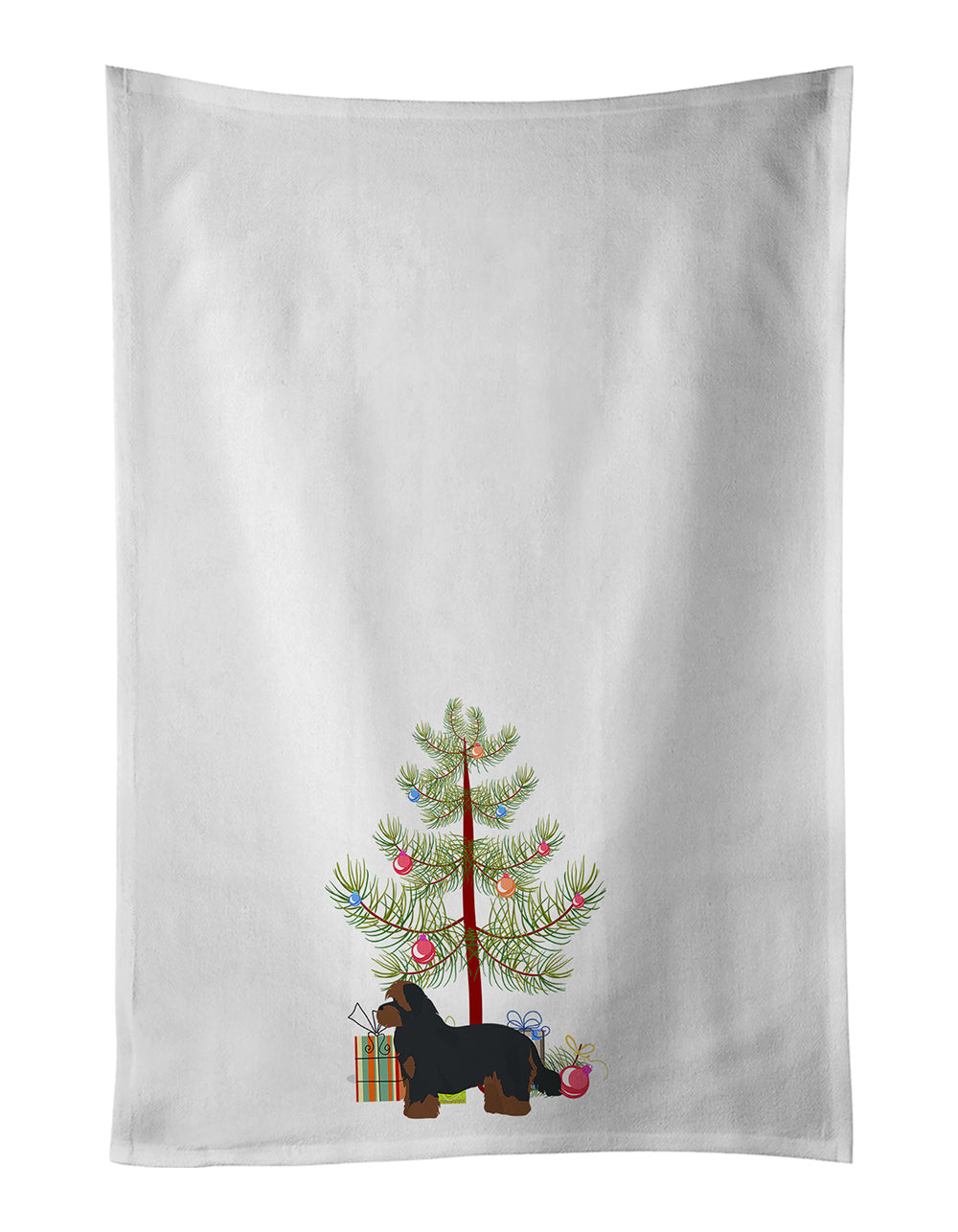 Two Christmas-themed kitchen towels featuring Shorkie dog designs from Caroline's Treasures, perfect for holiday kitchen decor.