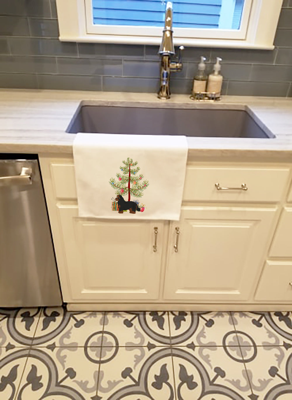 Set of two Christmas tree kitchen towels featuring Shorkie design from Caroline's Treasures, festive and decorative for holiday kitchens.