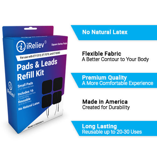 iReliev Wired Small Pads Refill Kit featuring replacement pads and accessories for pain relief devices.