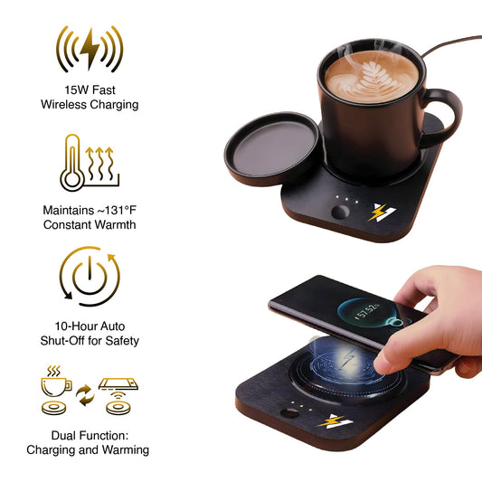 Pursonic Sip & Charge 2-in-1 wireless charger and mug warmer on a desk, with a sleek design for convenient device charging and beverage warming.
