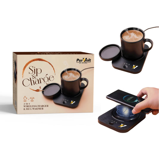 Pursonic Sip & Charge 2-in-1 wireless charger and mug warmer with sleek design and electronic features.
