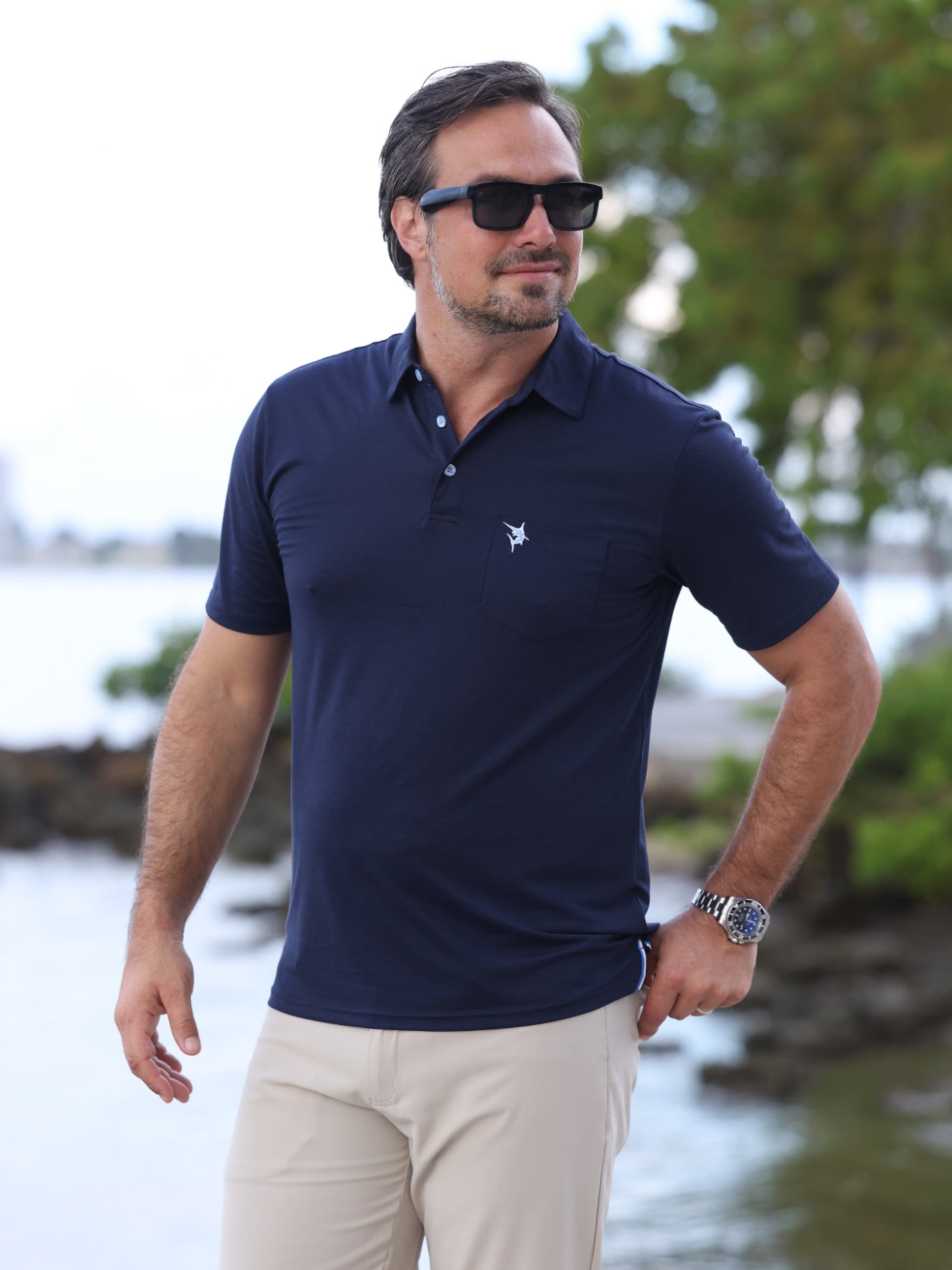 White Water Life Charleston Polo in various colors, close-up of fabric and collar detail.