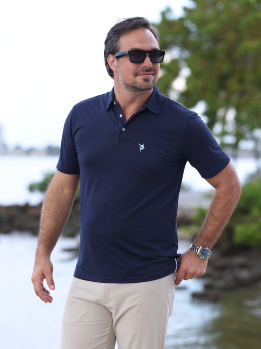 White Water Life Charleston Polo in various colors, close-up of fabric and collar detail.