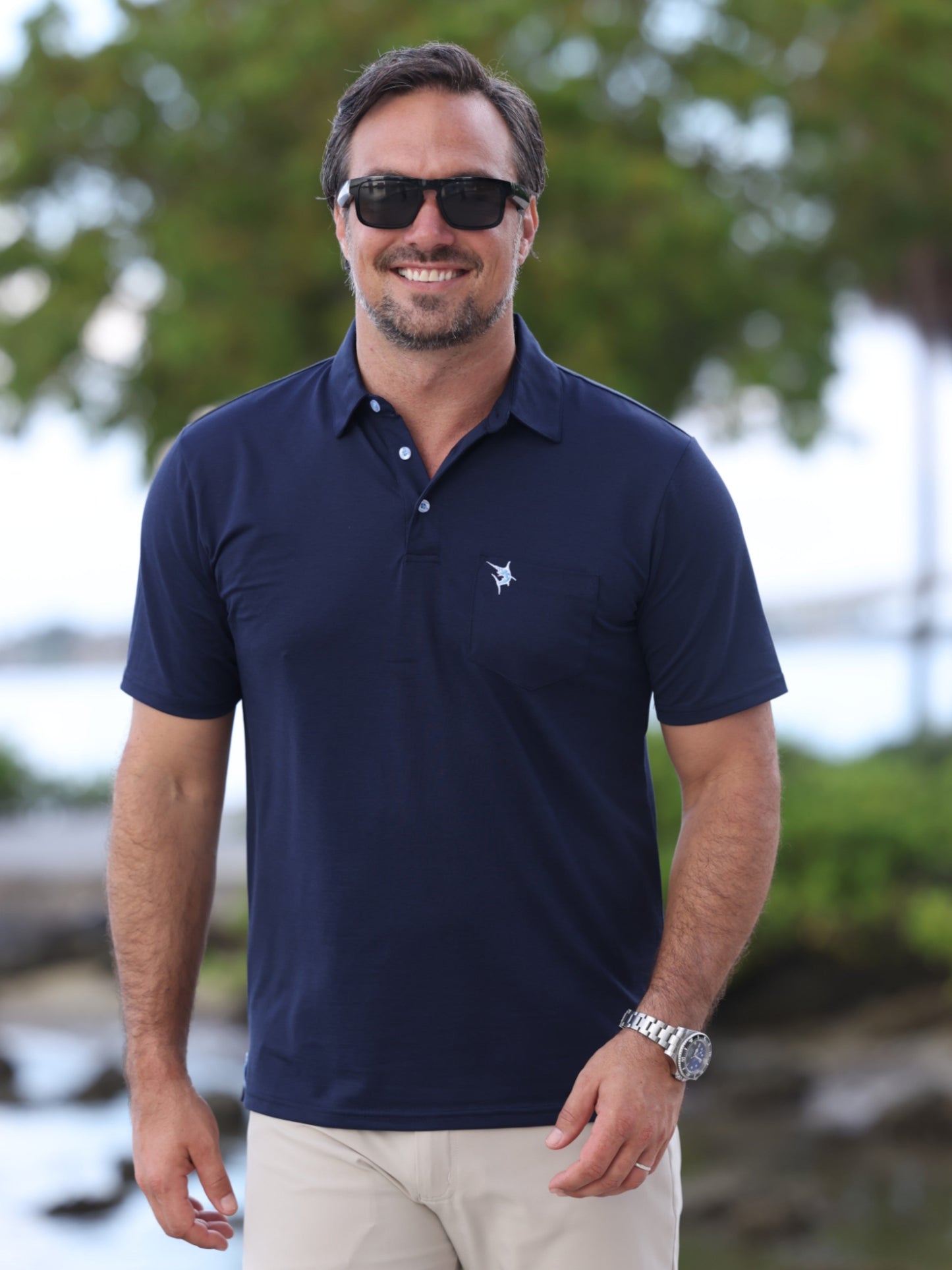 White Water Life Charleston Polo in multiple colors, close-up of fabric and collar details on a plain background.