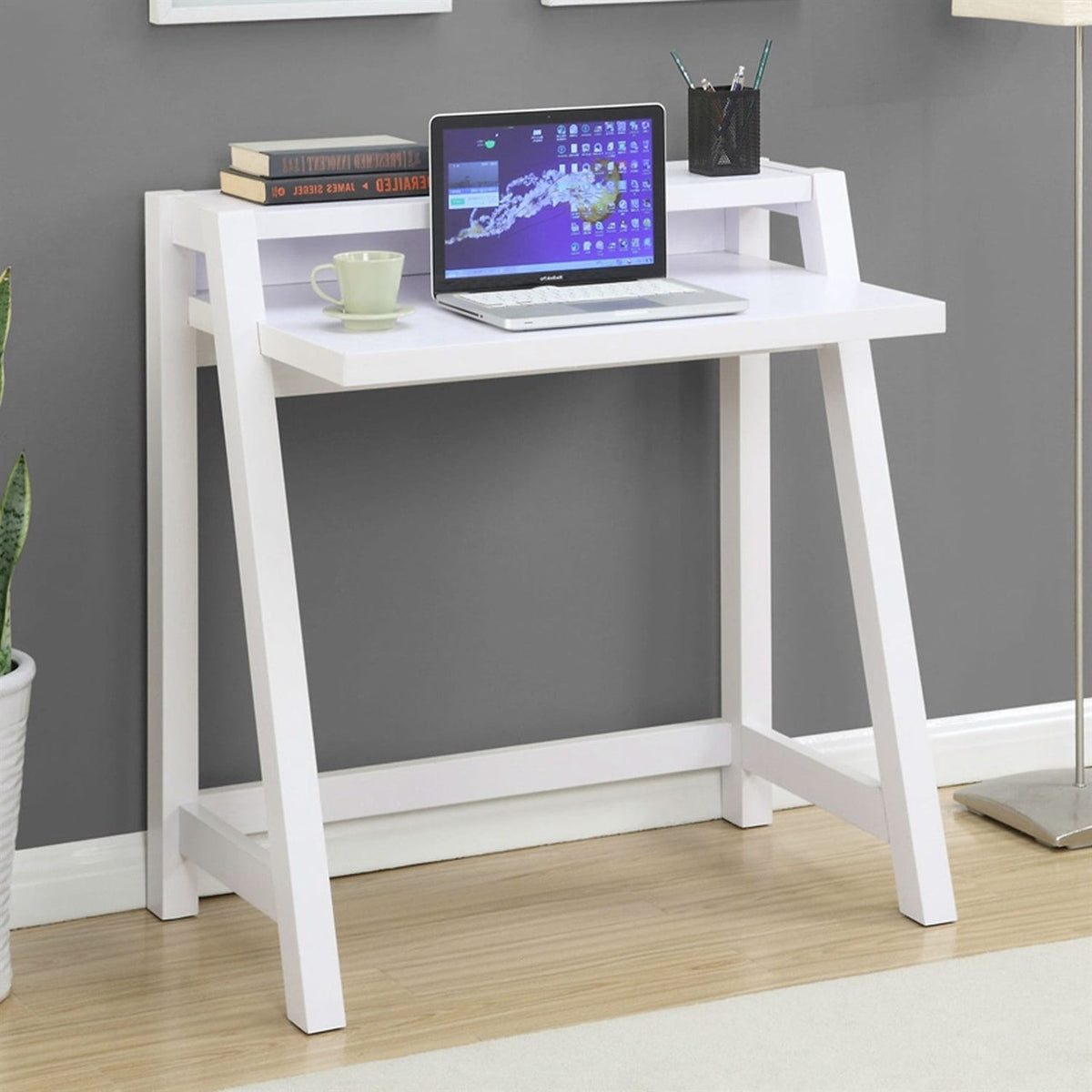 White modern minimalist compact computer desk by BACKUPMYFILESNOW®, featuring a sleek design and clean lines for home or office use.