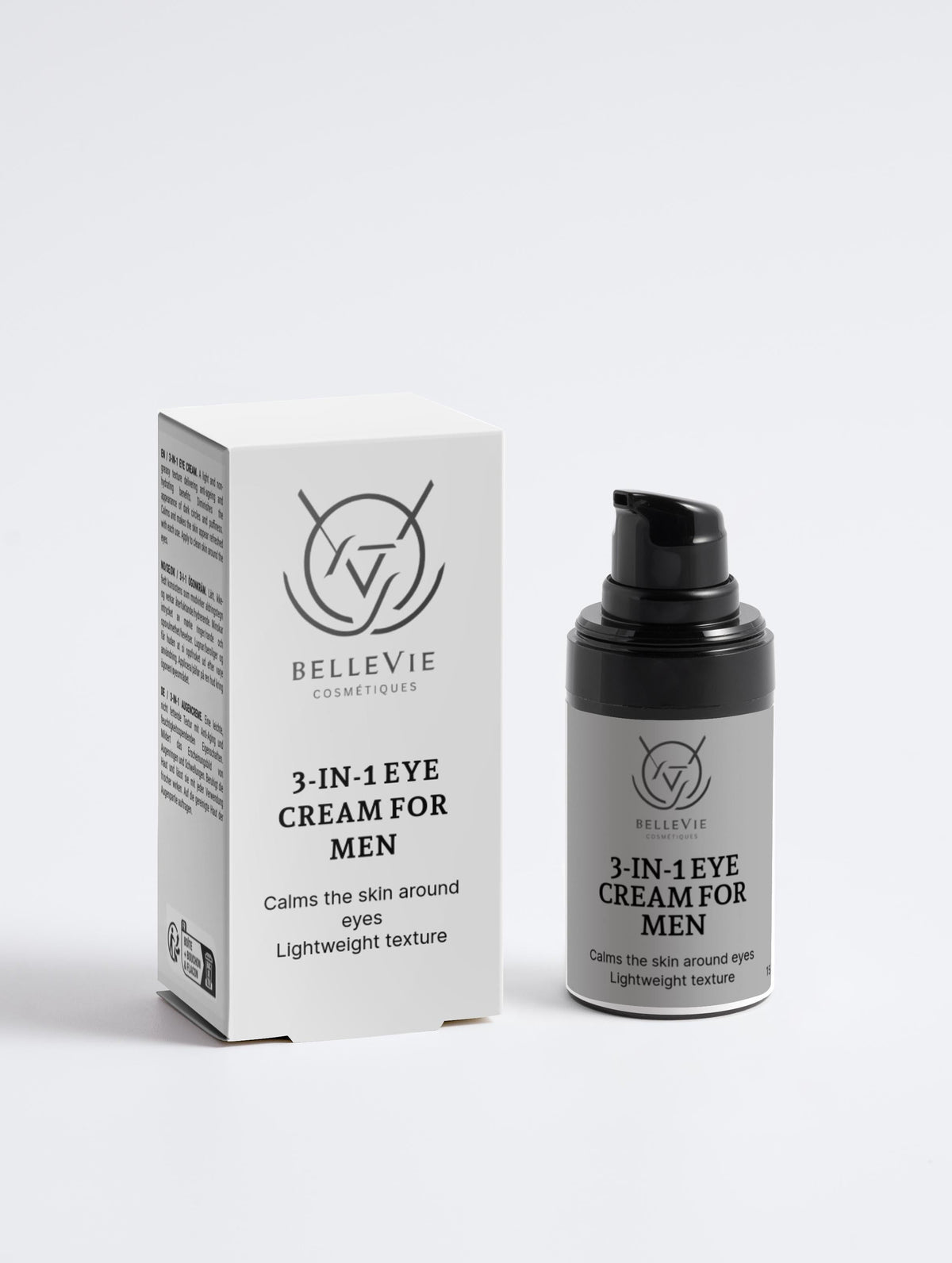 BelleVie Cosmétiques 3-in-1 eye cream for men, 15ml, featuring hemp extract, designed to hydrate, brighten, and rejuvenate the eye area.