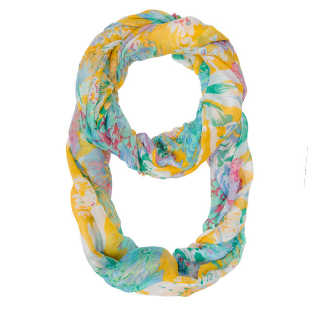 Colorful floral print infinity scarf by BACKUPMYFILESNOW® featuring multicolor floral patterns and soft fabric.
