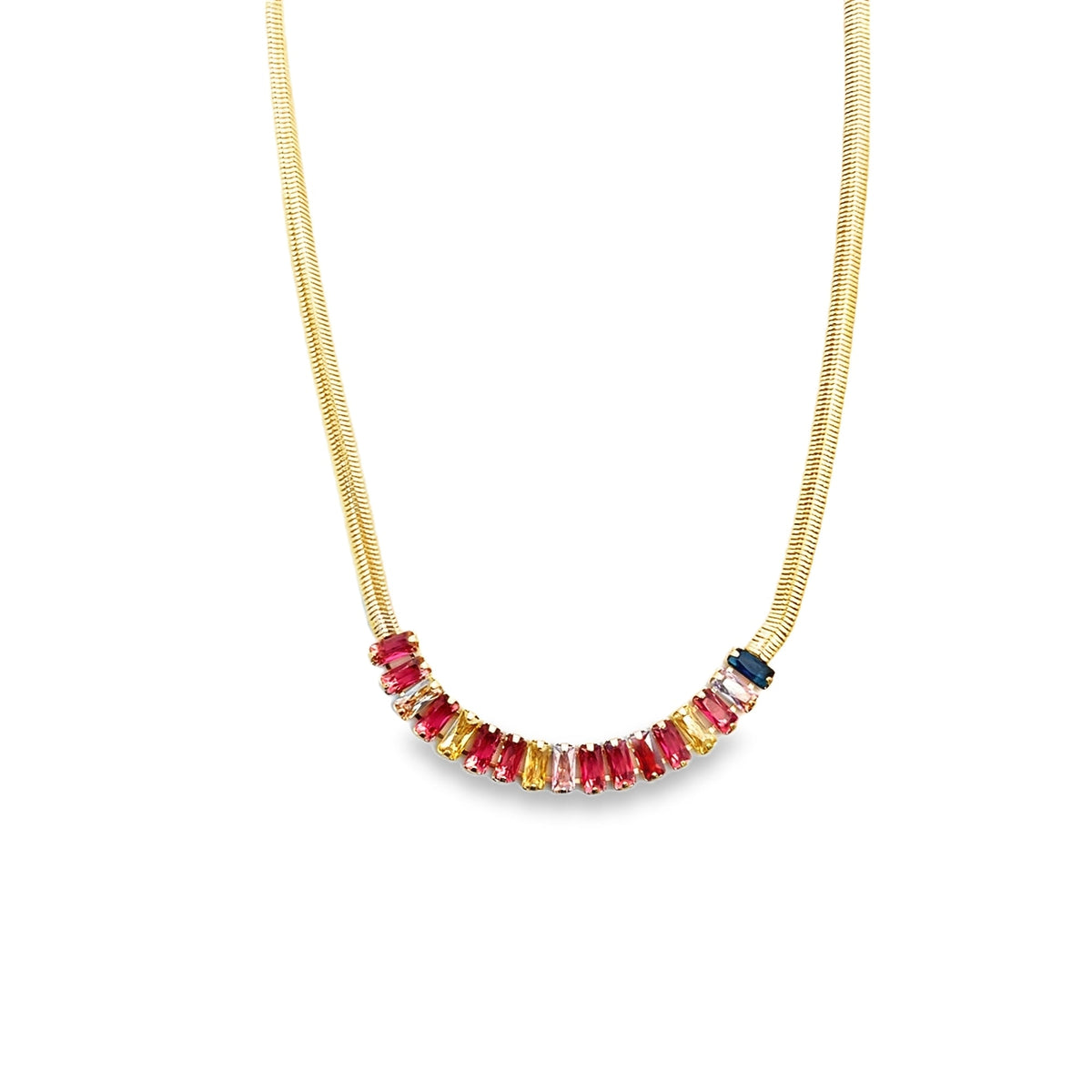 18k gold filled necklace by MIA Jewelry featuring multicolor and clear zirconia baguette stones, elegant jewelry piece.
