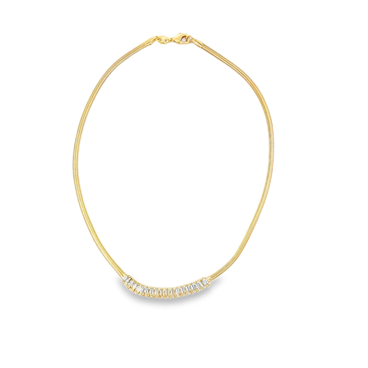 18k gold filled necklace with multicolor and clear zirconia stones, featuring a baguette design by MIA Jewelry.