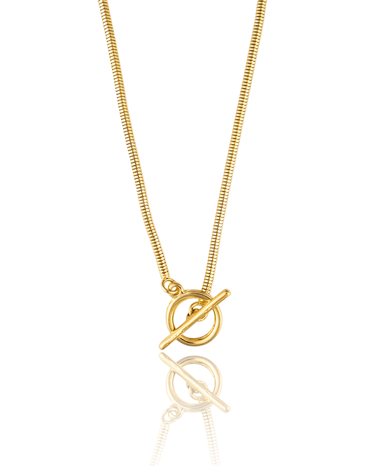 Silver 2mm mouse tail toggle chain necklace by MIA Jewelry, showing the detailed toggle clasp and chain links.