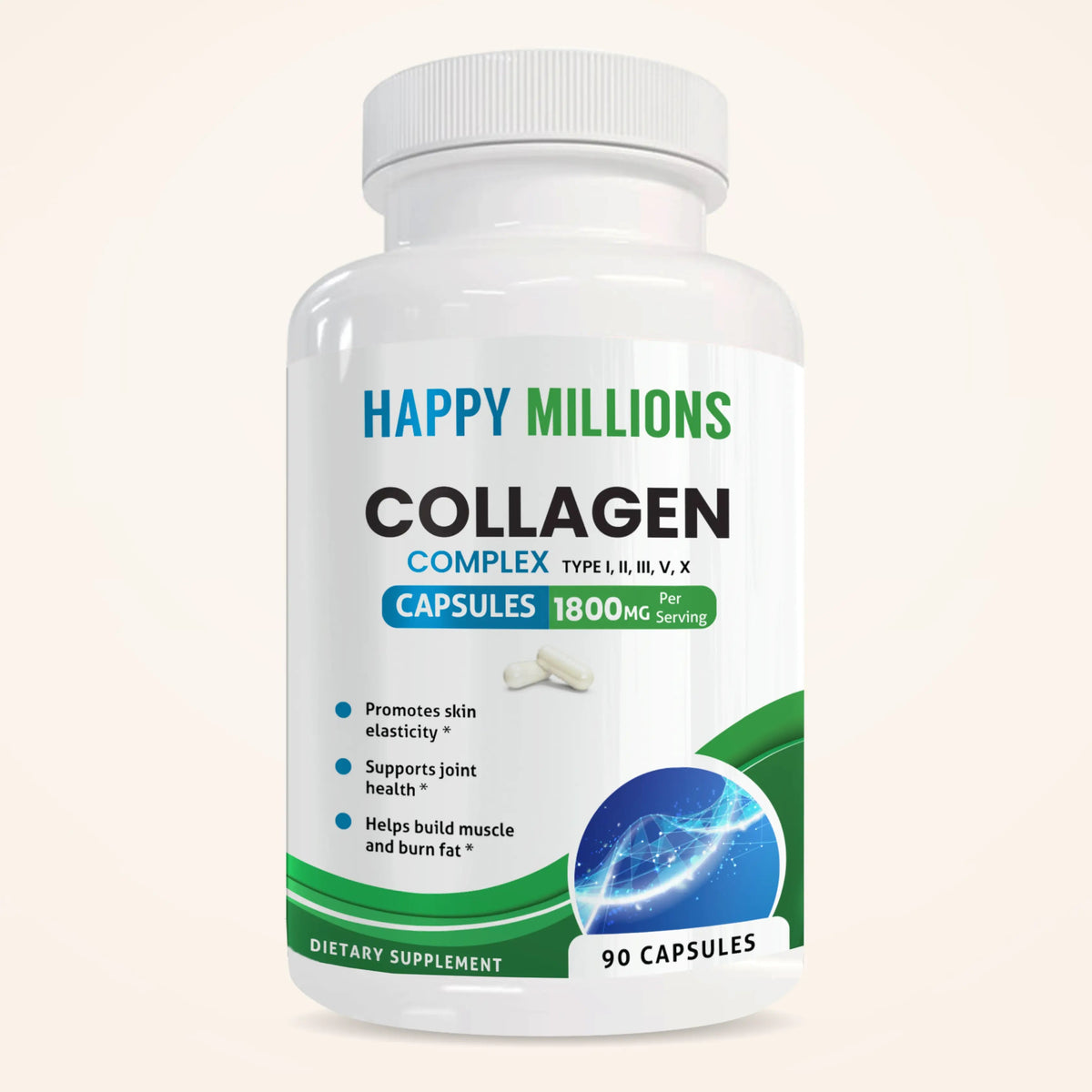 Bottle of Happy Millions Collagen Complex supplement with label showing collagen peptides and branding.