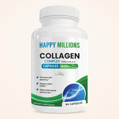 Bottle of Happy Millions Collagen Complex supplement with label showing collagen peptides and branding.
