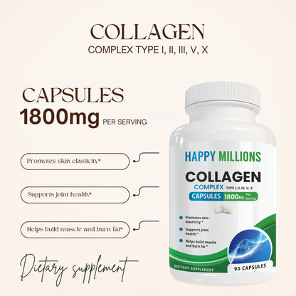 Close-up of Happy Millions Collagen Complex supplement bottle with capsules inside.