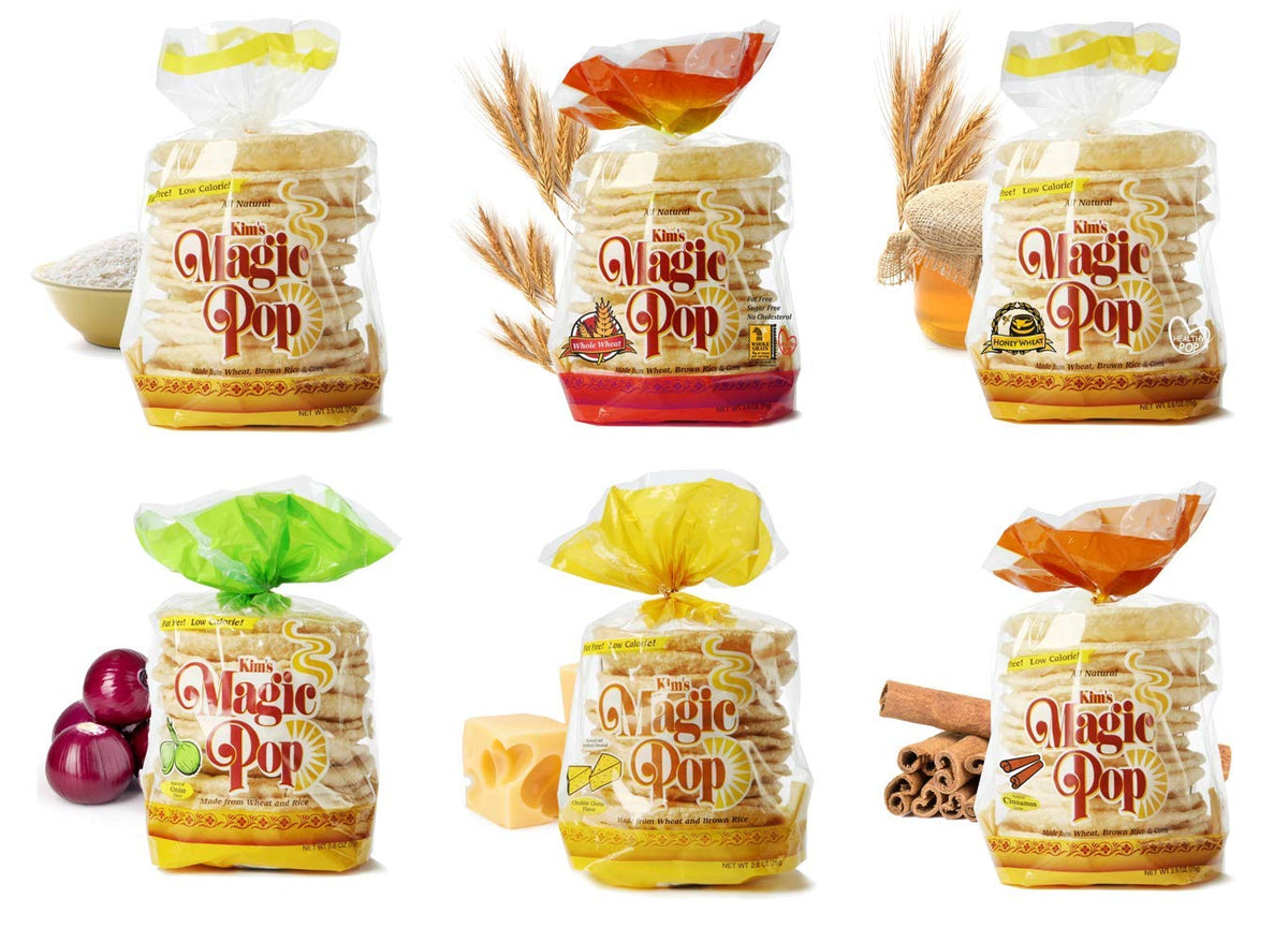 Kim's Magic Pop Combo Mix, a variety of crispy, puffed snack treats from Kim's Magic Pop brand, shown in colorful packaging.