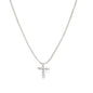Dainty CZ pave cross pendant necklace on box chain by Mia Jewelry, showcasing a sparkling cross charm on a sleek silver chain.