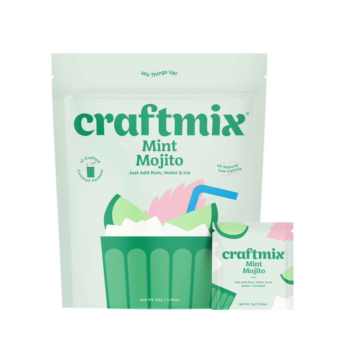 Craftmix Mint Mojito drink mix pouch with sachet for refreshing cocktails, shown in a colorful package.
