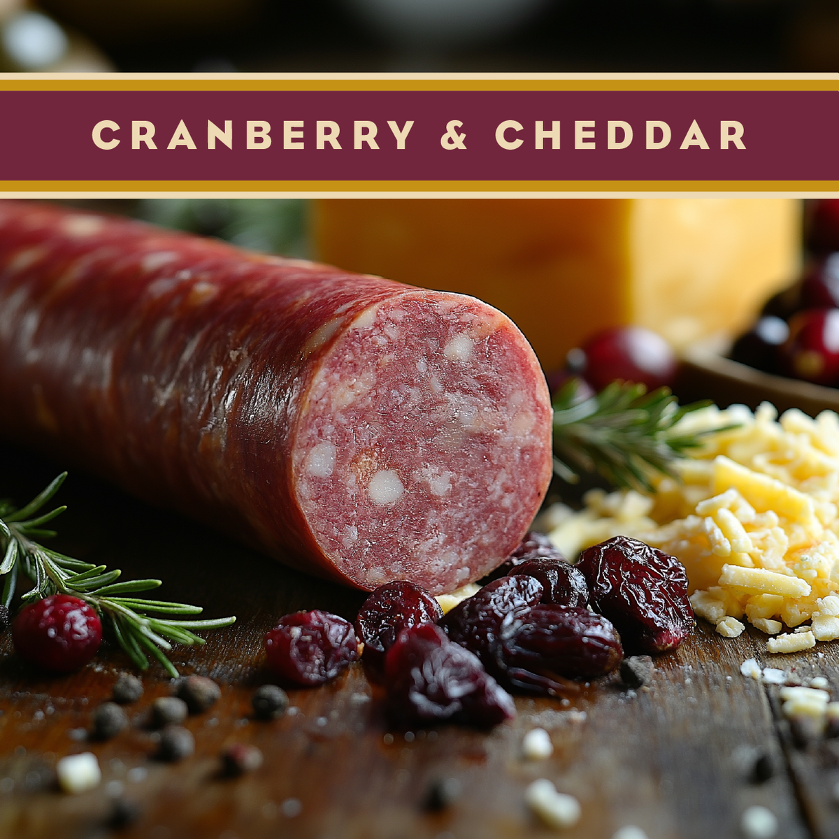 Artas'n Meats cranberry cheddar summer sausage sliced, showing pieces of cheese and cranberries in a 12oz sausage.